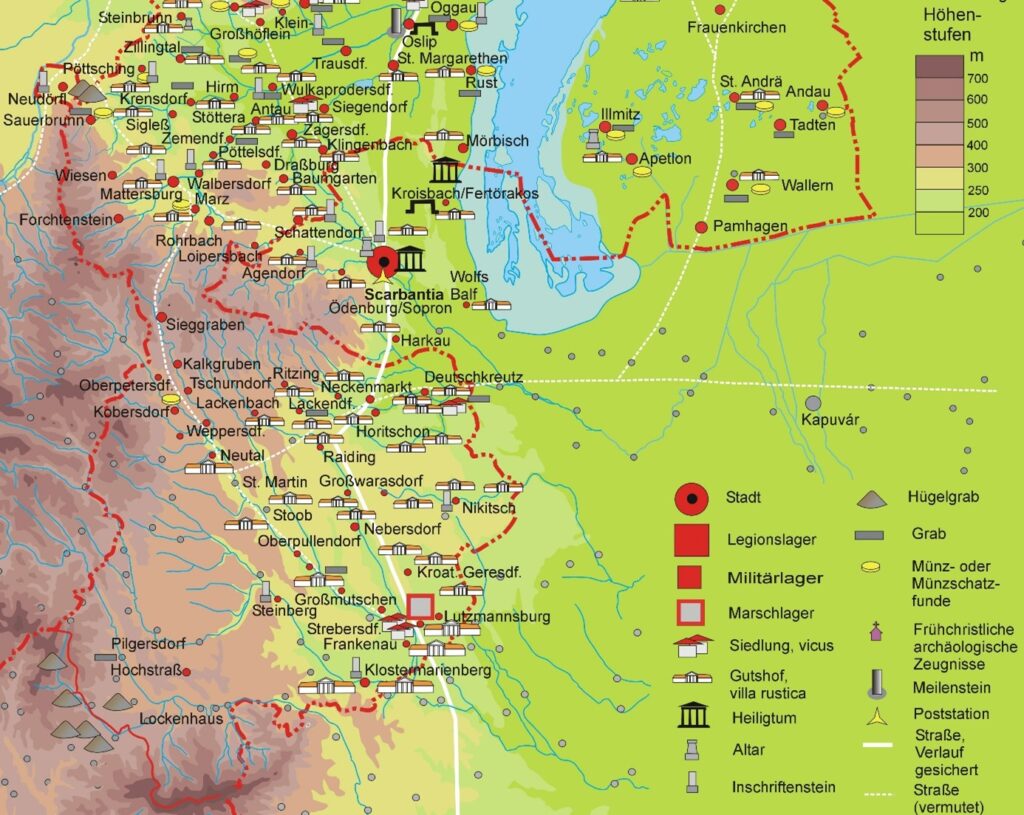 Verein Römische Bernsteinstraße Burgenland - Abbildung einer Karte zum Thema Siedlungen und Gebäude im römischen Reich